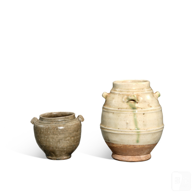 Two glazed pottery jars, Northern Qi - Tang dynasty | 北齊 白地綠彩四繫罐 及 唐 青釉雙繫罐 - 图2